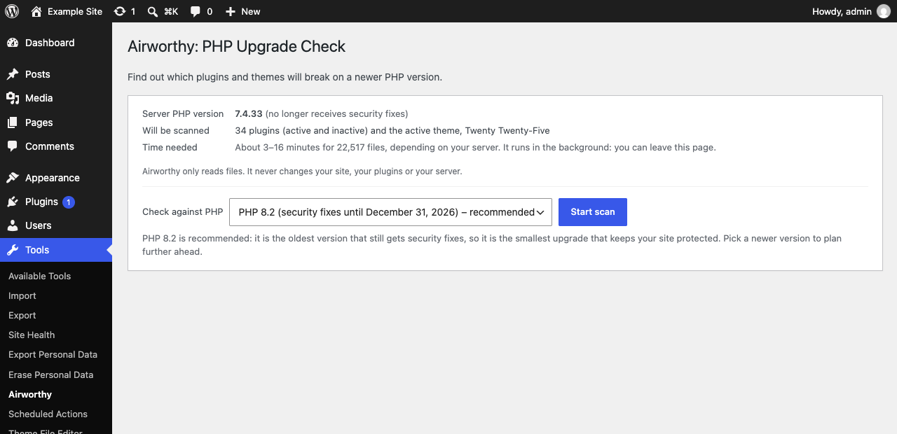 The Airworthy screen in WordPress: the server's PHP version, what will be scanned, the estimated time and a PHP version picker.